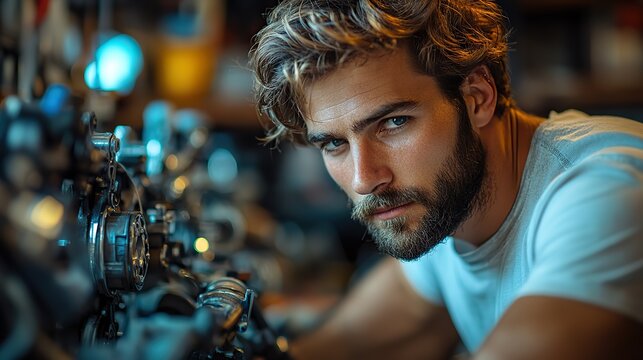 a handsome mechanic fixes bicycles in his workshop up close a young man with a beard and a white t shirt fixes a modern cycle transmission system bike upkeep and the idea of a sport sho