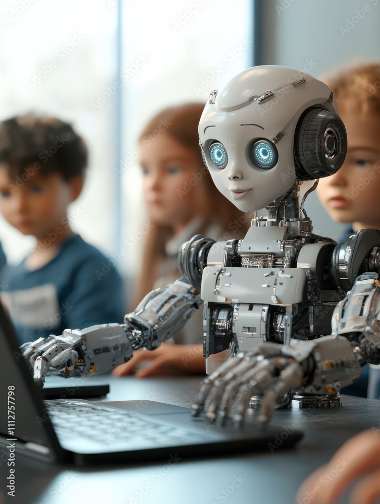 Aufkleber group of diverse schoolkids learning and using laptop gadgets for programming for software robotics 
