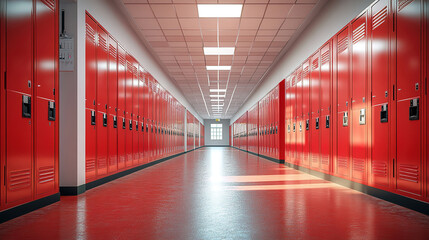 School Corridor with Red Lockers and Modern Design in 3D Rendering