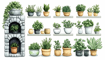 Watercolor illustration of various potted herbs and plants arranged on shelves and a stone stand.