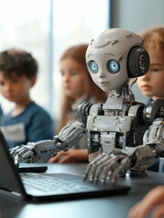 Group of diverse schoolkids learning and using laptop gadgets for programming for software robotics engineering class. Elementary school science classroom of technologies. STEM education concept.