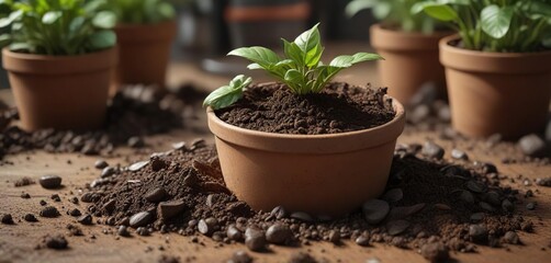 Coffee grounds incorporated into potting mix for healthy plants , sustainable gardening, plant nutrition