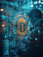 Hacker with creative glowing global bitcoin hologram on blurry office interior background. Hacking, blockchain and crypto concept. Double exposure