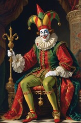 a medieval court jester sitting in a royal palace illustration