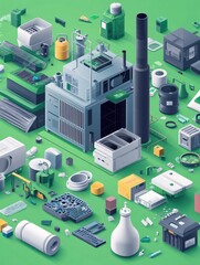 Obraz premium Industrial waste management abstract concept vector illustration set. Mechanical and chemical recycling, e-waste reduction, processing for reuse, trash disposal and utilization abstract metaphor.