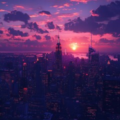 Obraz premium A vibrant sunset over a city skyline, showcasing buildings illuminated by twilight.