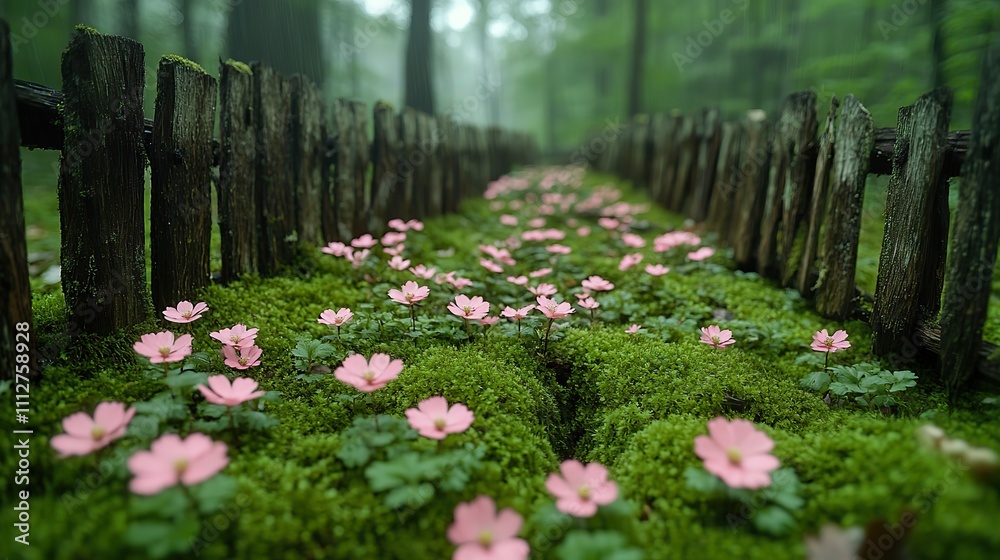 Poster a natural setting with a rustic fence and delicate flowers surrounded by mossy ground