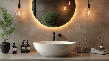 a modern luxurious bathroom features an oval sink an oval mirror hanging on a beige wall and black bathroom fixtures 3d rendering