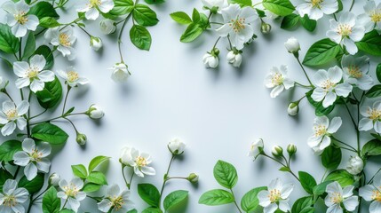 A white flower with green leaves surrounds a white background