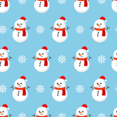 Vector pattern with snowmen in red Christmas hats on a blue background
