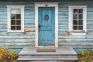 Obraz premium Rustic Blue House Exterior With Wooden Steps