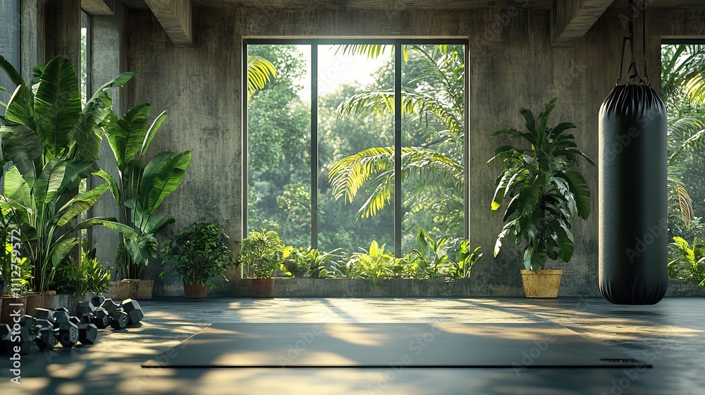 Poster a potted plant dumbbells and punching bags are displayed in a contemporary gym setting with a focus 