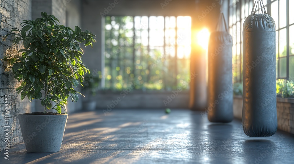 Poster a potted plant dumbbells and punching bags are displayed in a contemporary gym setting with a focus 