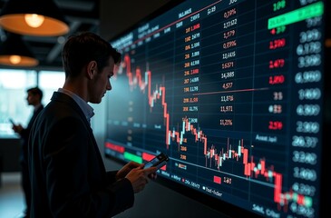 A man is intently analyzing a stock chart displayed on a large screen, which highlights the various trends and fluctuations in the market, possibly for financial decisionmaking