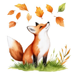 Autumn animal, Watercolor, Clipart. A fox enjoys falling leaves in a colorful autumn scene.