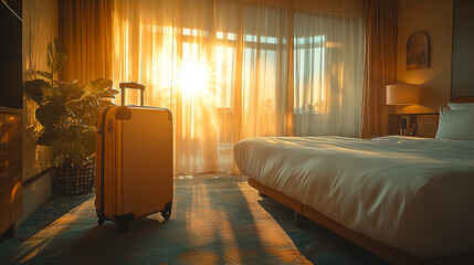 Cozy hotel room with sunset view and suitcase ready for adventure in a scenic location. Generative AI