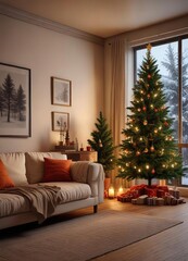 Cozy living room with Christmas tree and warm lighting, cozy ambiance, festive decor