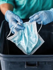 Fototapeta premium recycling, waste sorting and pandemic concept - doctor or healthcare worker in gloves throwing used medical mask into trash can with plastic