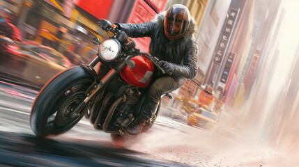 Obraz premium Action shot with man riding a bike in futuristic cyberpunk city. Dynamic scene with motorcycle ride in action movie blockbuster style.