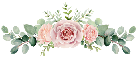 Pink rose flower and eucalyptus. Watercolor seamless floral border on white background.AI GENERATED