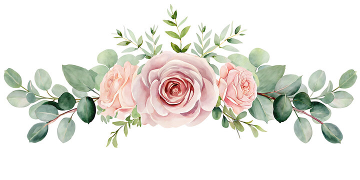 Pink rose flower and eucalyptus. Watercolor seamless floral border on white background.AI GENERATED