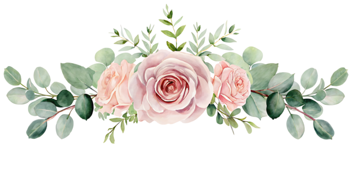 Pink rose flower and eucalyptus. Watercolor seamless floral border on white background.AI GENERATED