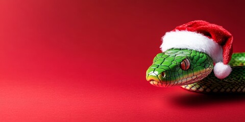 Green snake with Santa hat on red background, copy space for text