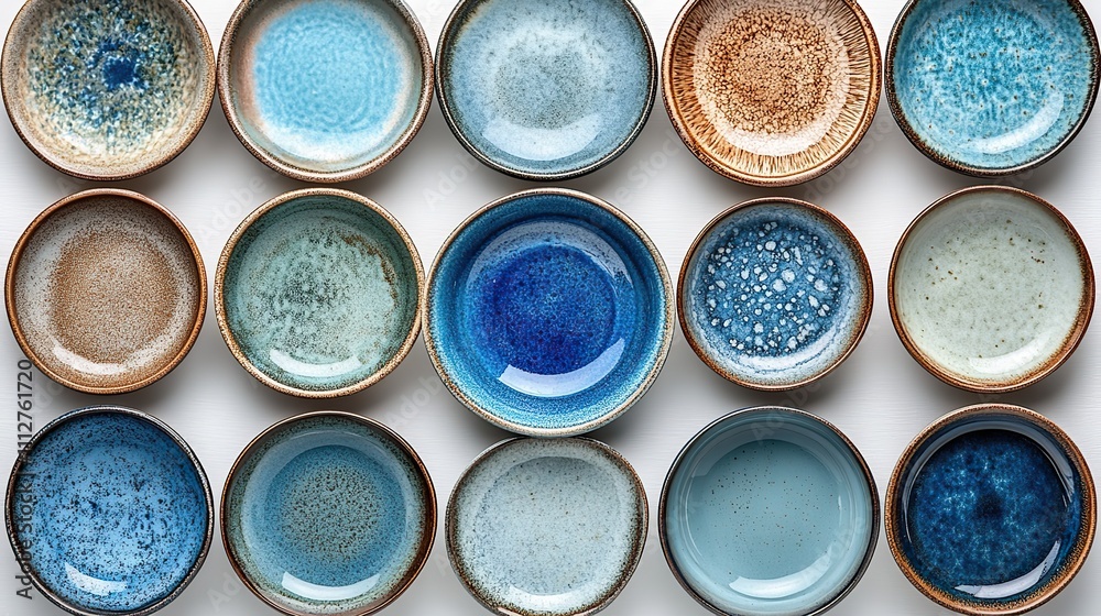 Poster a top view of a set of circular ceramic plates with a blue dish isolated on a white background is sh