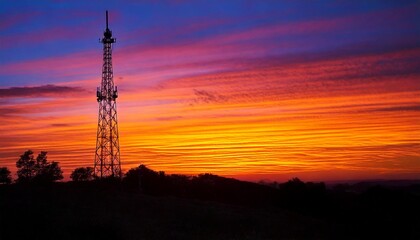 Scenic landscape with a telecommunications tower at sunset, colorful clouds in the sky, and a modern touch of technology and beauty