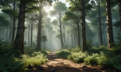 Fototapeta premium Dense forest with tall trees and lush undergrowth, landscape, scenery, nature