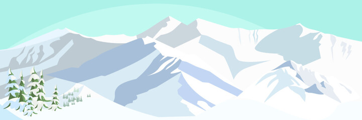 Winter mountains landscape. Nature scene with snowy hills and blue sky. cartoon vector background for ski resort, park, hotel, touristic agency. © backup_studio