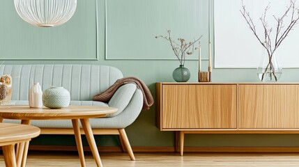 Mint color accent room with sofa and cabinet next to green wall. Scandinavian home interior design of modern living room.
