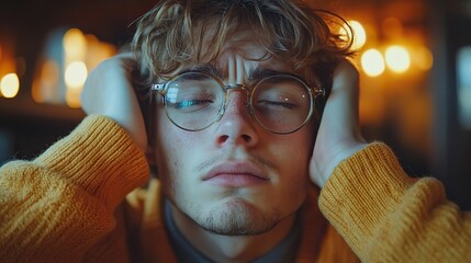 a weary young man with a headache and blurry vision sits at his kitchen table using a laptop he strains to hold his glasses in place and rubs his dry irritated eyes from computer wor