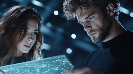 Two business partners, a man and a woman, stand side by side in a bustling coworking space, pointing at a digital tablet displaying complex financial data visualizations. They engage in lively