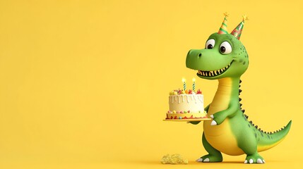 A cartoon dinosaur with a party hat holds a birthday cake with candles.
