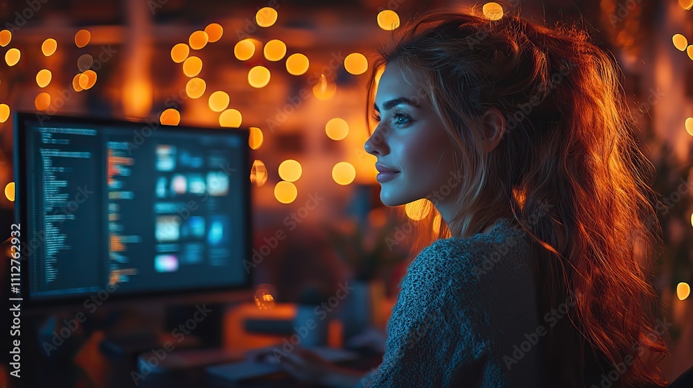Poster a young caucasian woman is working on a green screen chroma key desktop computer at her night office coders typing code developing contemporary software designing e commerce application
