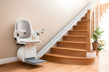 Curved stair chair lift with a grey fabric seat, installed on a staircase, offering a smooth and comfortable ride for individuals with mobility challenges in a home setting