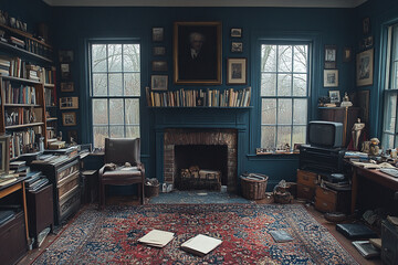A dimly lit study with antique furniture and books