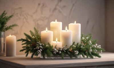 frosted glass vase with lit white candles and evergreen , evergreen wreath, winter, festive