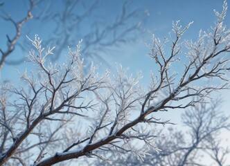 Frosty branches etched against a soft blue sky, snow-covered landscape, soft blue sky, gentle snowfall