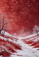 Frosty landscape with snowflakes falling on a red background , red snowflake winter scene, snowy backdrop