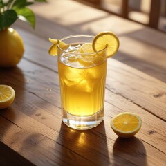 Fototapeta premium Glass filled with golden liquid and garnished with a lemon twist on a wooden table in a sunny spot, glass, drink