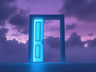 Glowing door in cloudy twilight with soft glow and purple sky, fantastical, mysterious, misty atmosphere