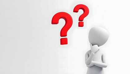 3D Thinking Character with Question Marks, Concept of Curiosity and Problem Solving