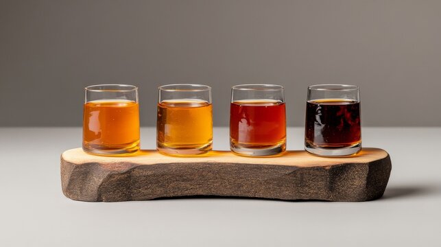 Four Whiskey Glasses on a Rustic Wooden Plank Against Minimalist Gray Background