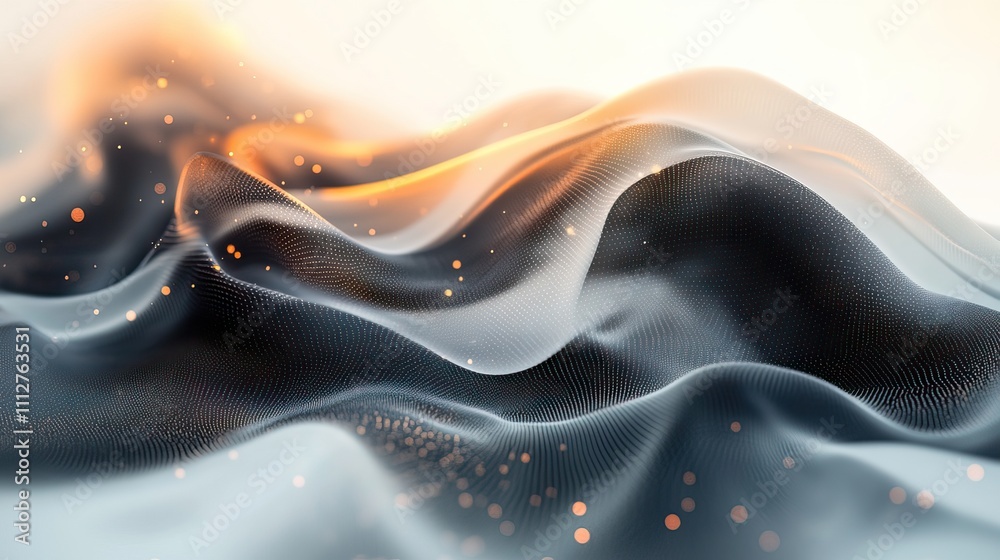 Poster abstract banner featuring a fluid liquid shape in a classic black and white theme intertwined with a modern twist of gradient color dots suggesting advanced technolog