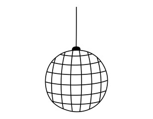Hand drawn cute outline illustration of disco ball. Flat vector club sphere decoration line art sticker doodle. Nightlife festival. Retro music party concept icon. Celebration event. Isolated.