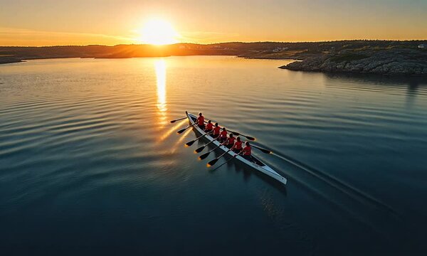 A rowing team glides across a tranquil lake at sunset, creating a serene and inspiring scene.