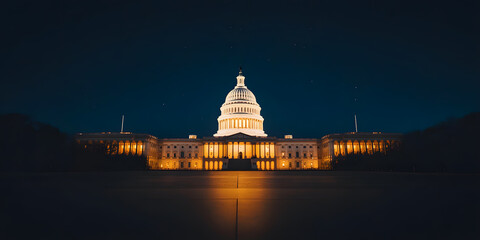 U.S. Capitol dome glowing at dusk or night, illuminated against the dark sky, symbolising American democracy, government, and national significance