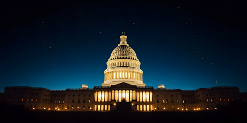 U.S. Capitol dome glowing at dusk or night, illuminated against the dark sky, symbolising American democracy, government, and national significance
